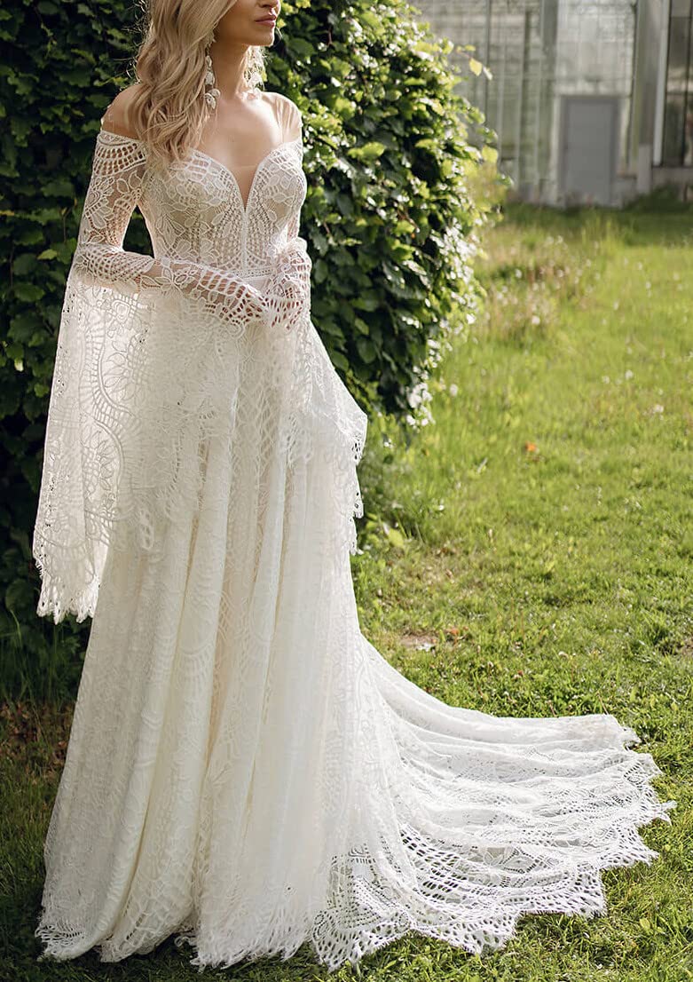 Long Belled Sleeve Woven Lace Wedding Dress in Ivory