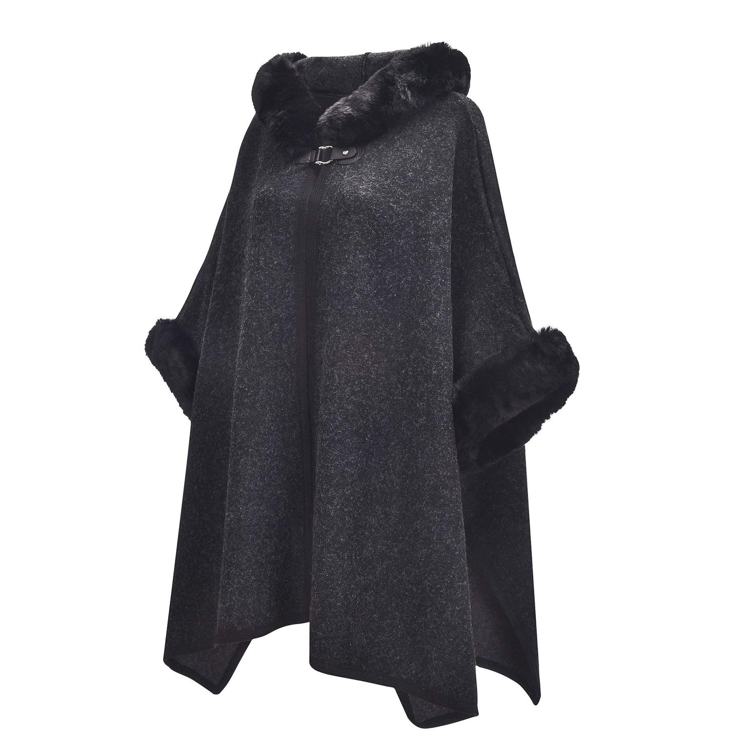 Women Winter Fashion Faux Fur Trim Layers Hooded Cardigan Warm Cape Sweater Cloak Navy