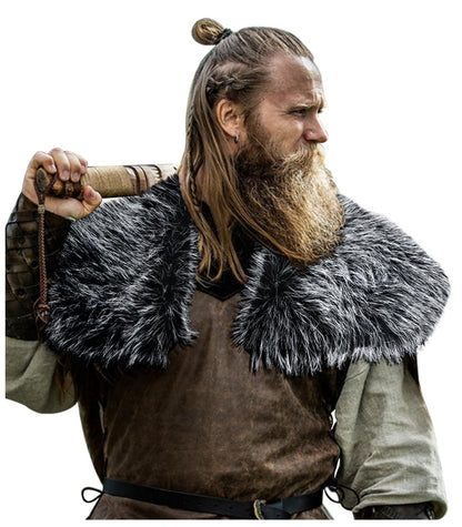 L'VOW Men's Viking Fur Collar Medieval Renaissance Wrap King Warrior Cape Shawl Halloween LARP Winter Cosplay Costume Brown-1