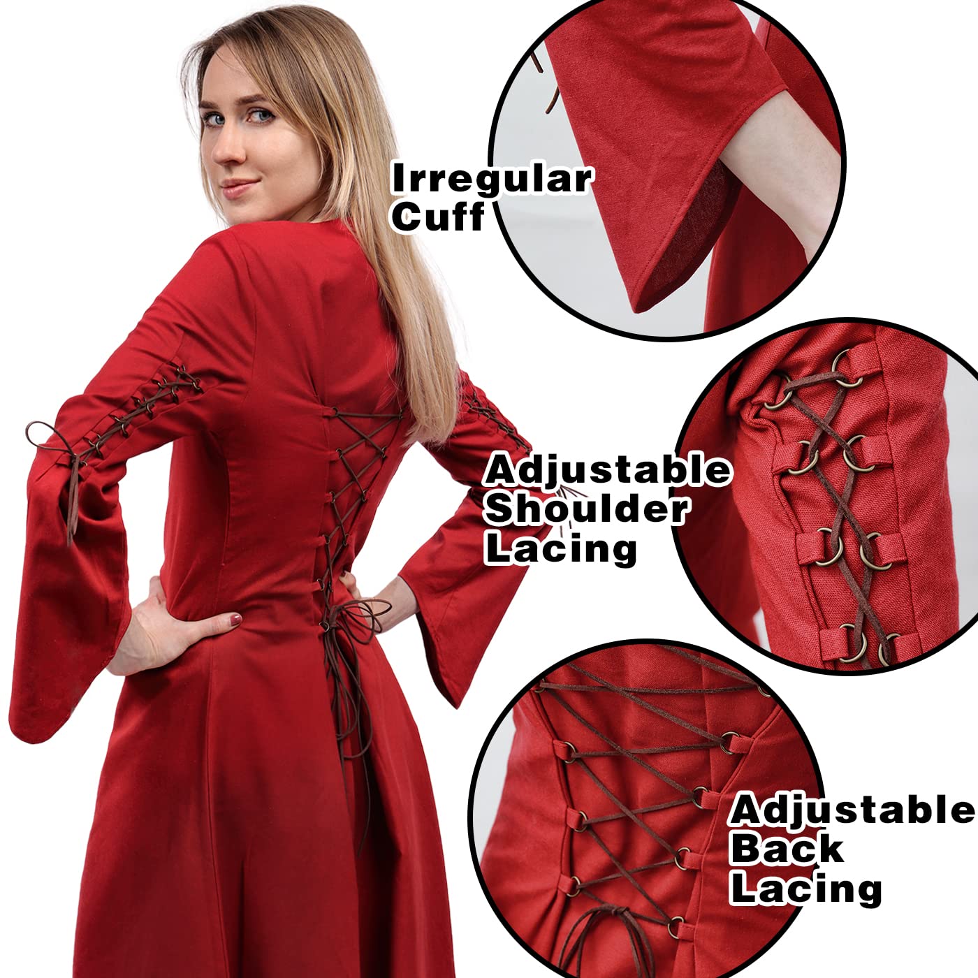 Wine Medieval Linen Dress for Women with Lace Up Costume