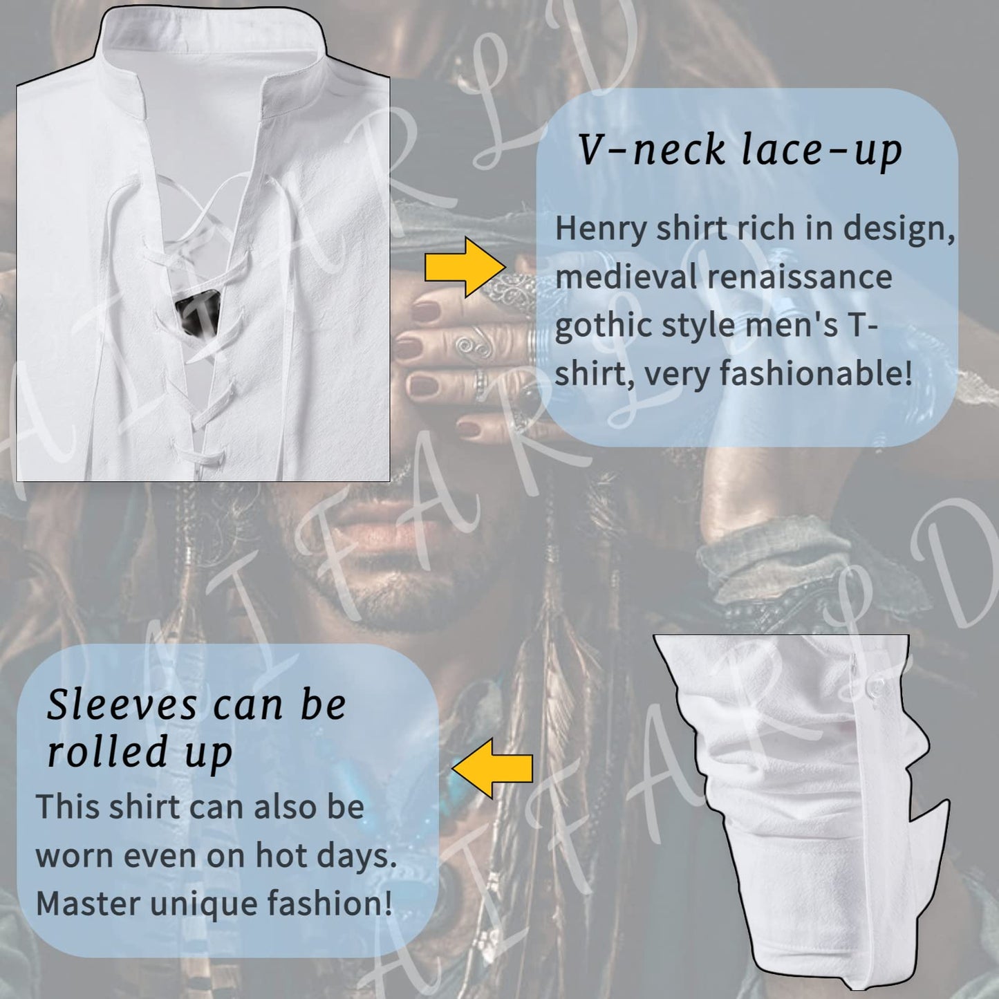 Men's Long Sleeve Shirts Retro Style Lace up for Medieval,Viking,Hippie Halloween Cosplay Pirate Renaissance Costume Small Khaki