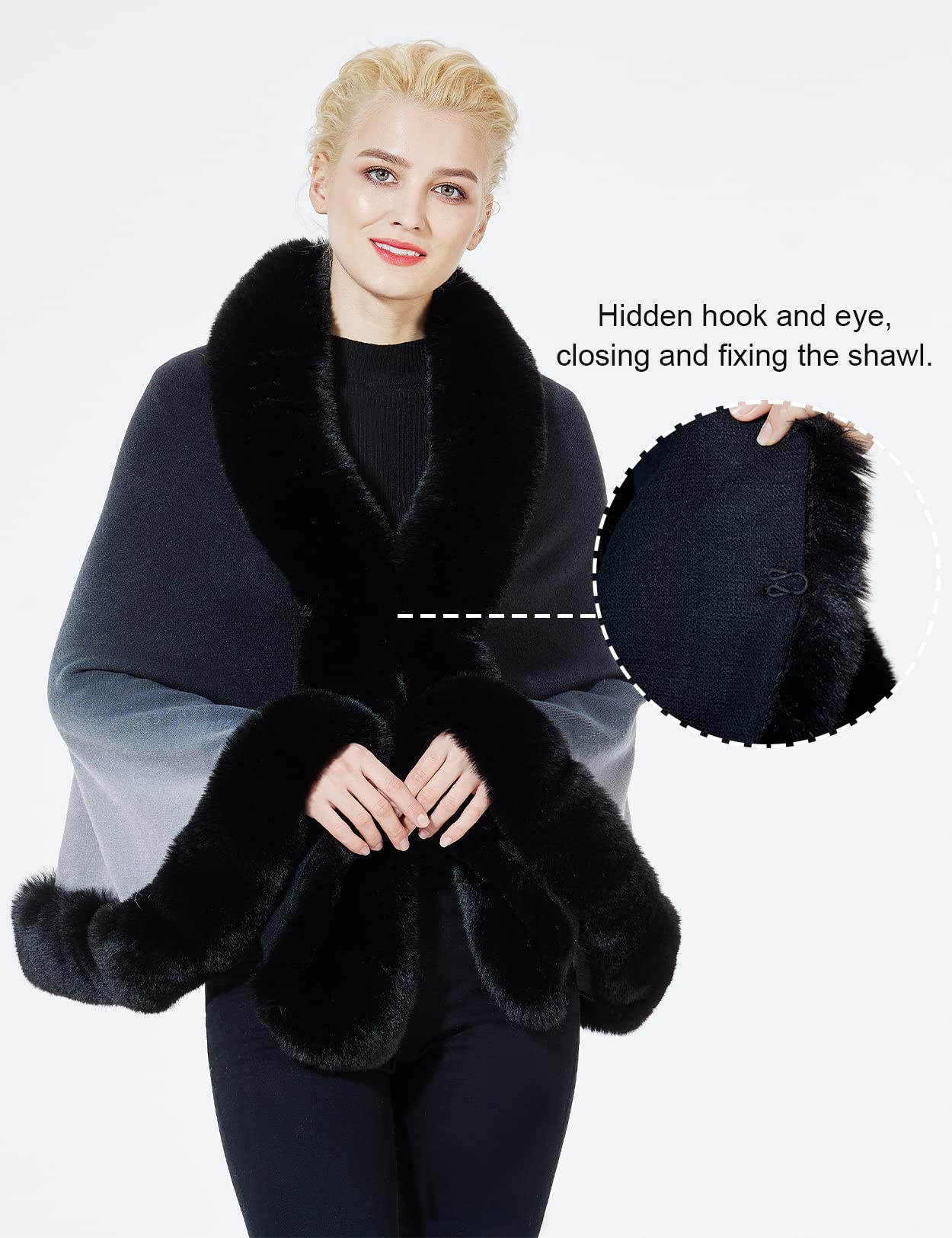 Faux Fur Shawl Wrap Stole Capelet Bridal Winter Wedding with Hook Hooded-black