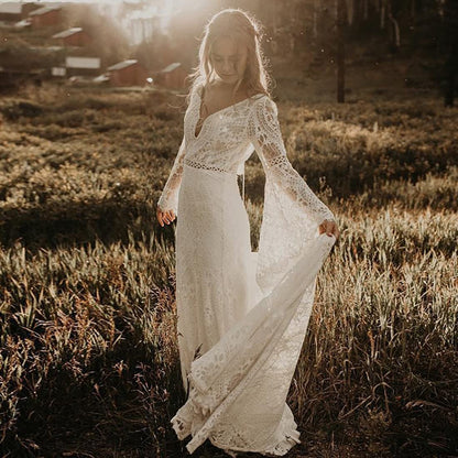 Long Belled Sleeve Woven Lace Wedding Dress in Ivory