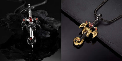 Personalized Birthstone Dragon Sword Necklace - Anniversary Gift for Men - Vintage Punk Pendant