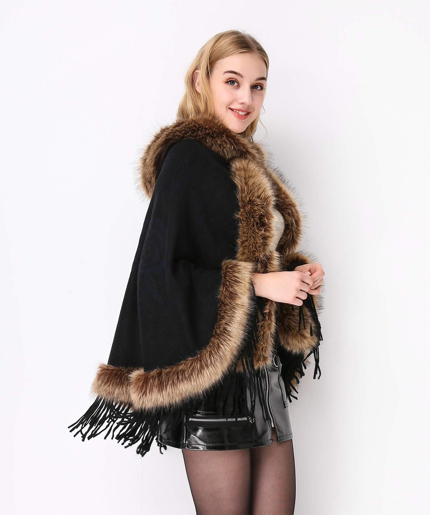 Faux Fur Shawl Wrap Stole Capelet Bridal Winter Wedding with Hook Hooded-black