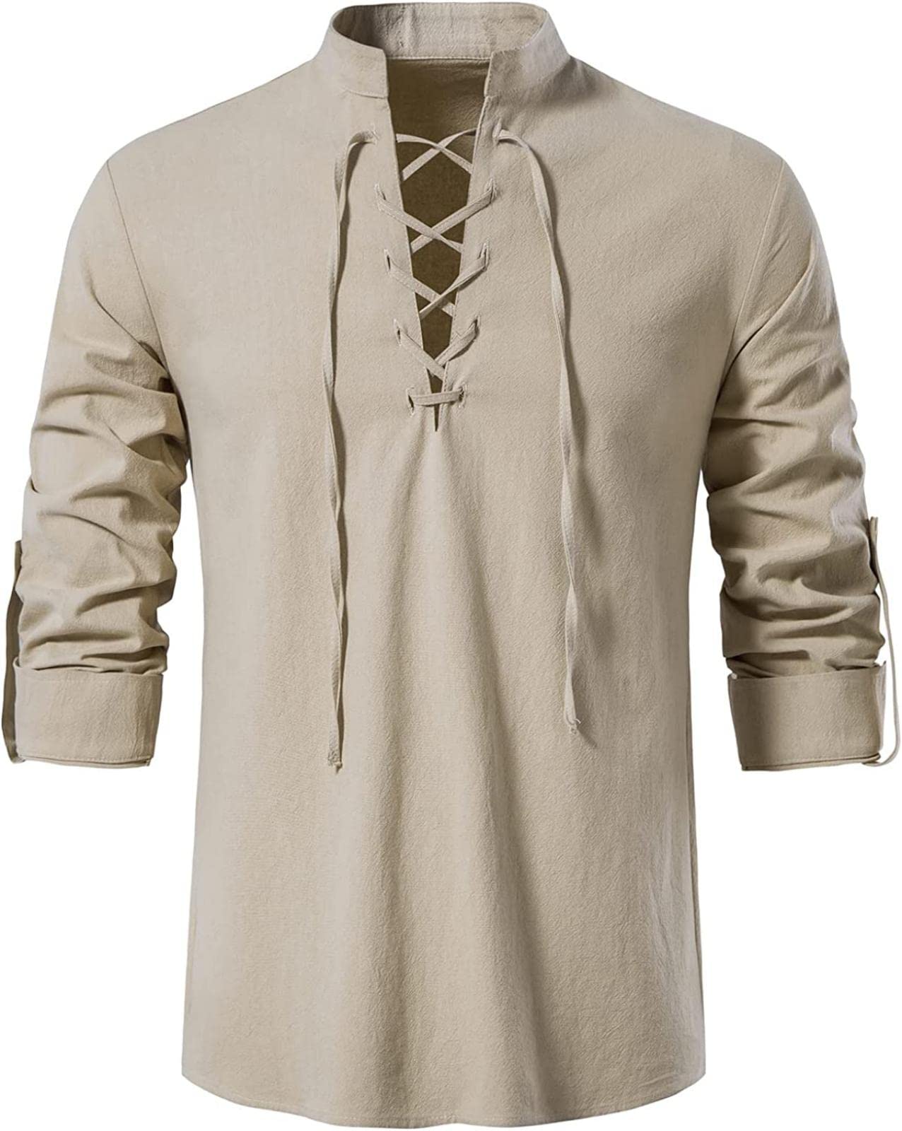 Men's Long Sleeve Shirts Retro Style Lace up for Medieval,Viking,Hippie Halloween Cosplay Pirate Renaissance Costume Small Khaki