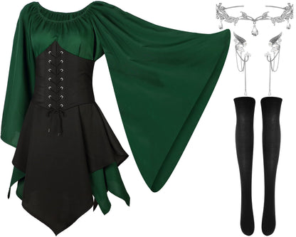 4 Pcs Women Elf Costume Renaissance Traditional Irish Dress Fairy Costume Elf Ear Cuffs for Women Halloween Cosplay Party Green, Brown 2X-Large