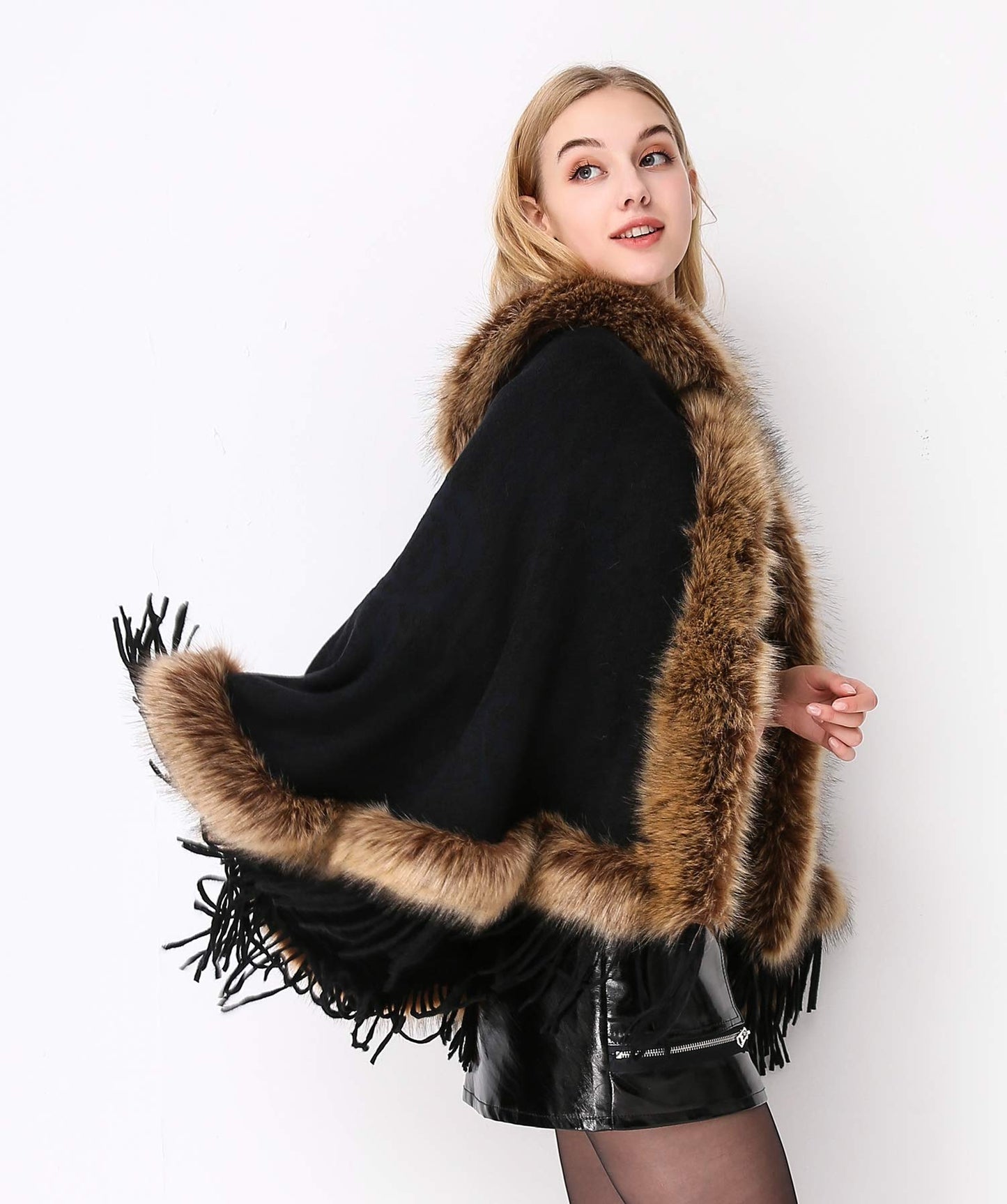 Faux Fur Shawl Wrap Stole Capelet Bridal Winter Wedding with Hook Hooded-black