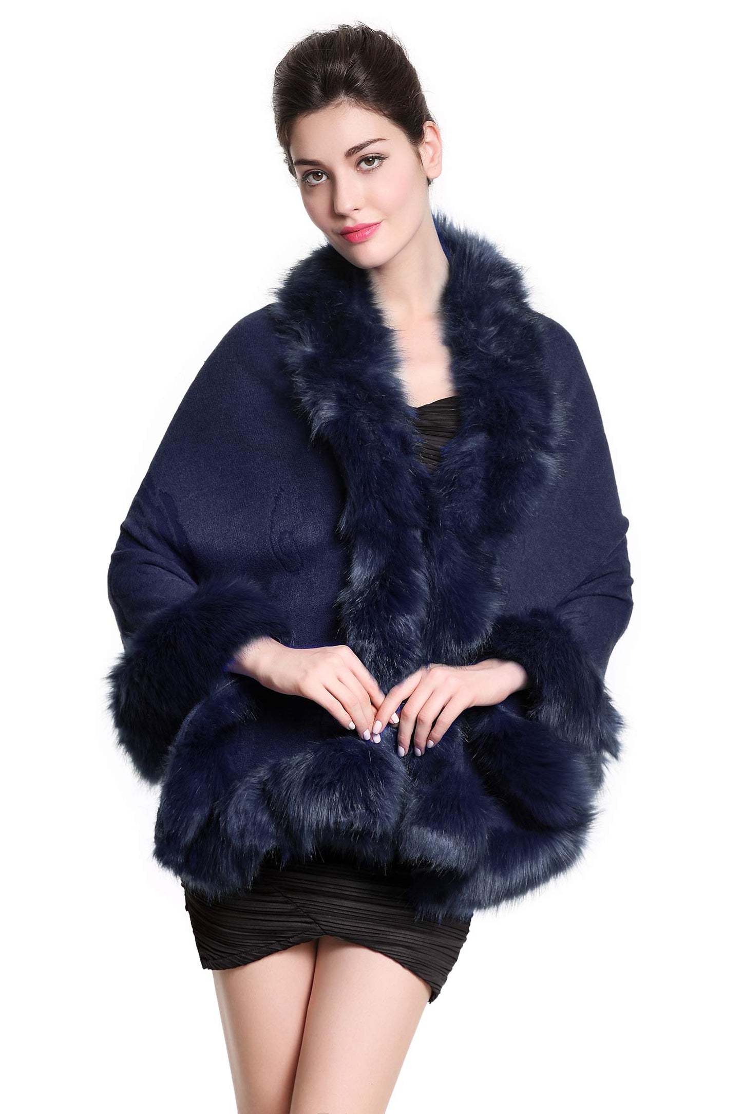 Faux Fur Shawl Wrap Stole Capelet Bridal Winter Wedding with Hook Hooded-black