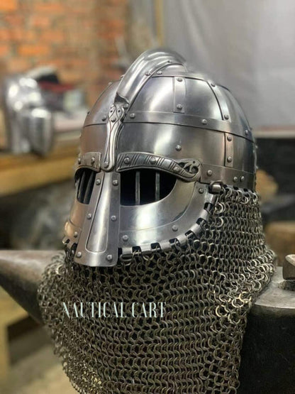 Medieval Steel Viking Vendel Helmet With Chainmail