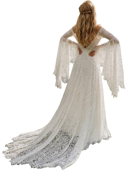 Long Belled Sleeve Woven Lace Wedding Dress in Ivory