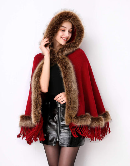 Faux Fur Shawl Wrap Stole Capelet Bridal Winter Wedding with Hook Hooded-black