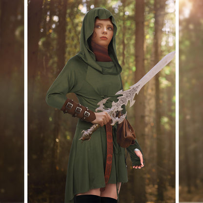 Suhine 5 Pcs Renaissance Women Costume Medieval Hooded Robe Vintage Faux Leather Arm Pouch Belt Carnival World Book Day Dark Green XX-Large