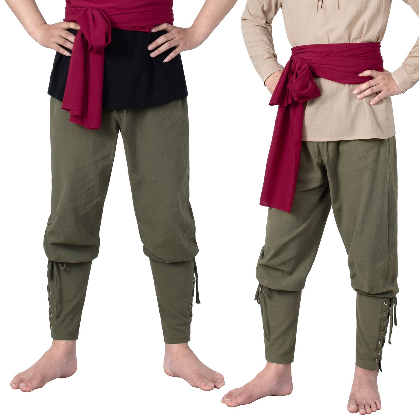 Men's Medieval Ankle Pants - Viking Pirate Renaissance Costume Trousers with Drawstrings & Banded Cuffs 28,29 Army Green