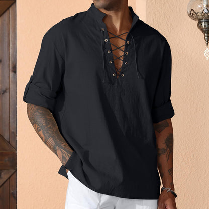 Men's Cotton Linen Shirt Drawstring Arm Banded Tops Medieval Viking Pirate Renaissance Halloween Costume 1X Black