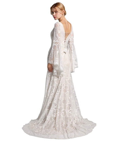 Trumpet Sleeve Embroidered Viking Wedding Dress in Ivory
