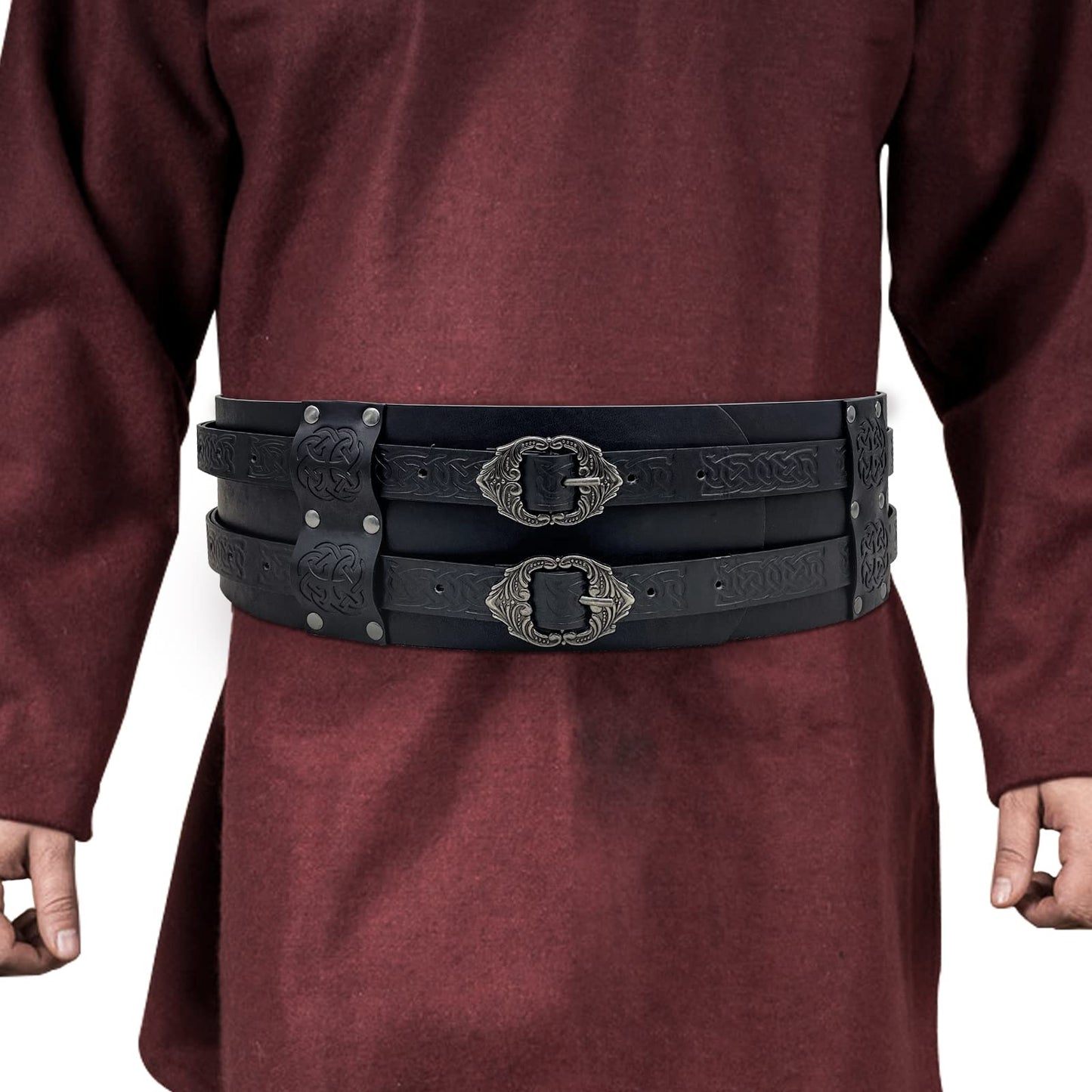 Knotwork Embossed Viking Wide Belt Double-Buckle Thane's Belt