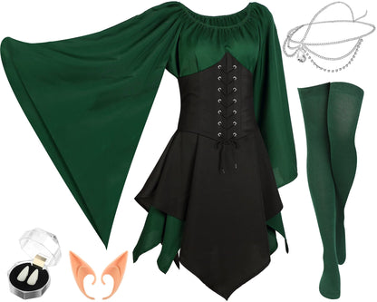 Pack of 5 Green and Brown Women's Renaissance Medieval Dress for Mardi Gras Carnival Dress Masquerade Party