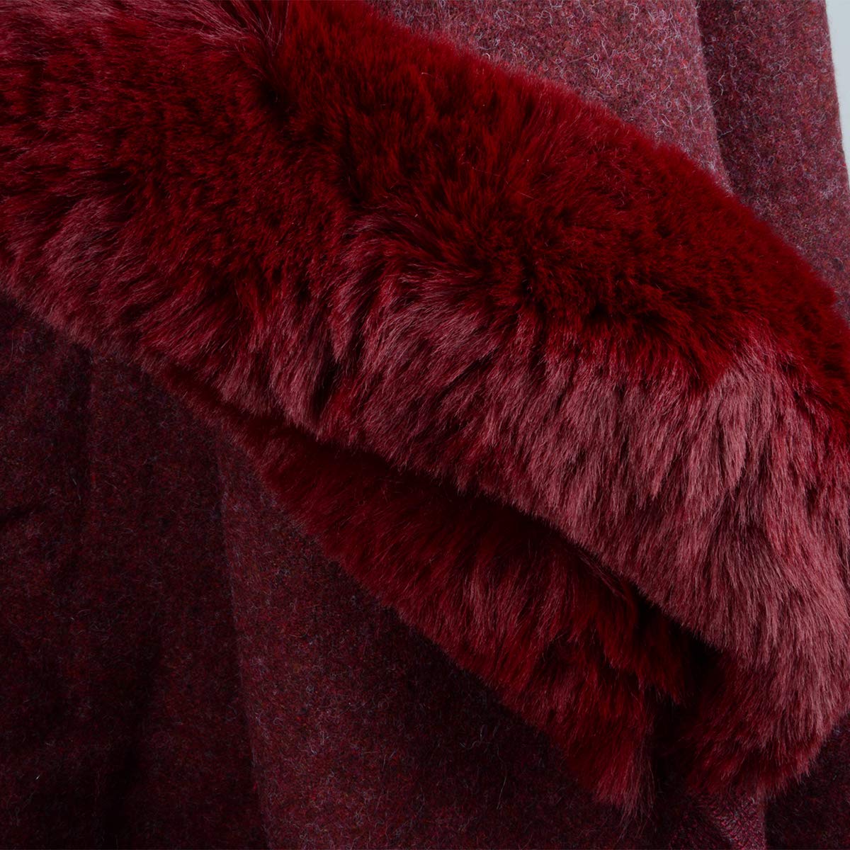 Fur-Lined Leather Closure Wool Half-Cloak with Hood