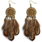Punk Vintage Long Tassel Feather Beads Drop Wolf Tooth Pendant Earring Fish Hook Earrings Brown A