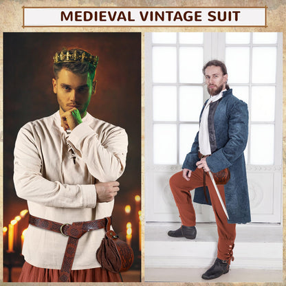 Xtinmee 4 Pcs Halloween Medieval Viking Costume Include Lace up Long Sleeve Shirts Cuff Renaissance Pants Leather Belt Pouch Beige, Brown, Coffee Large