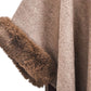 Women Winter Fashion Faux Fur Trim Layers Hooded Cardigan Warm Cape Sweater Cloak Navy