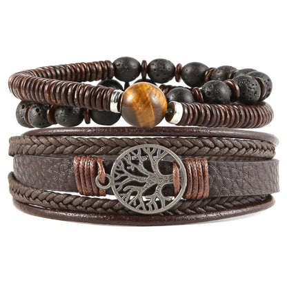 HZMAN Genuine Leather Tree of life Bracelets Men Women, Tiger Eye Natural Stone Lava Rock Beads Ethnic Tribal Elastic Bracelets Wristbands Classic Set