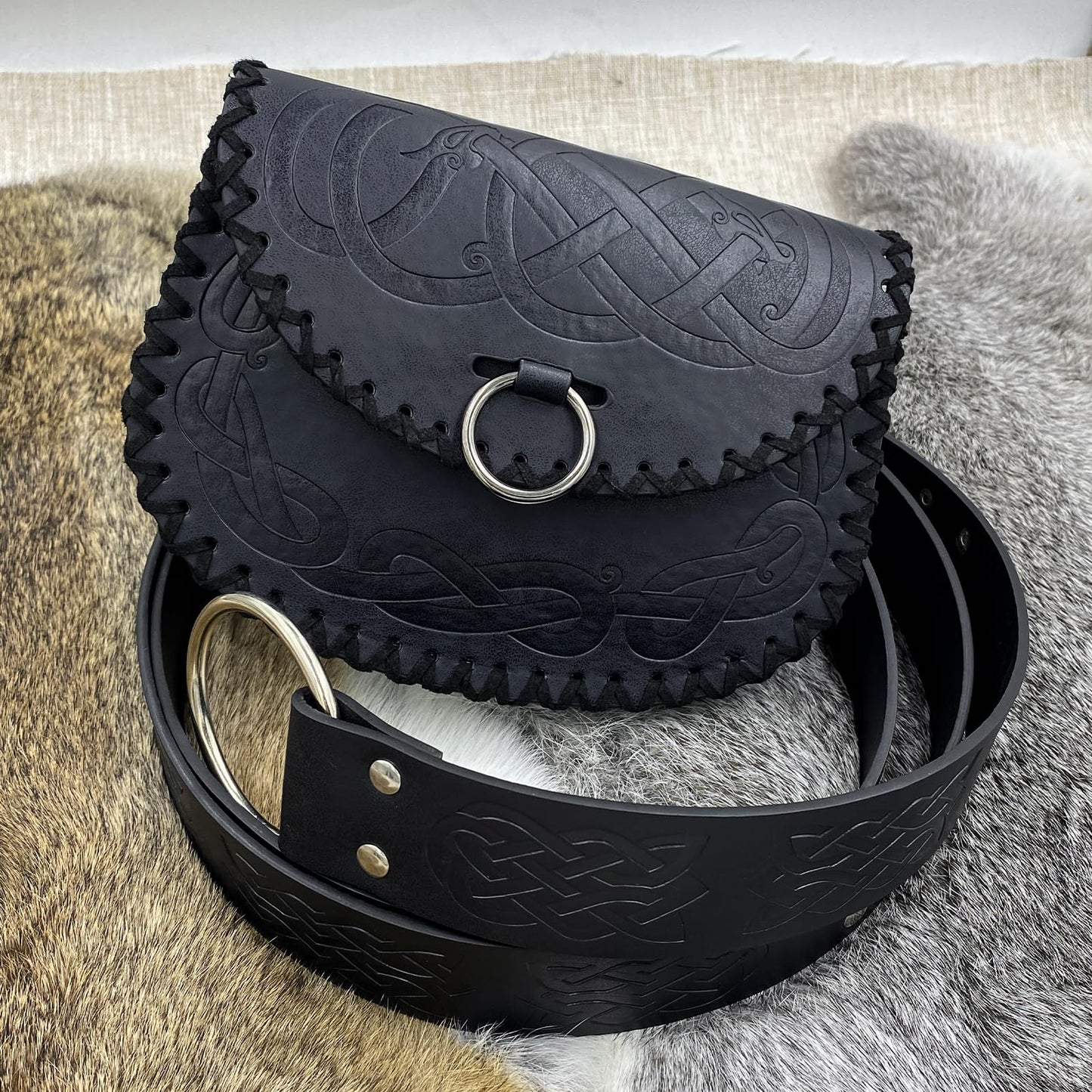 Medieval Viking Embossed O Ring Belt with Nordic Embossed Belt Bag