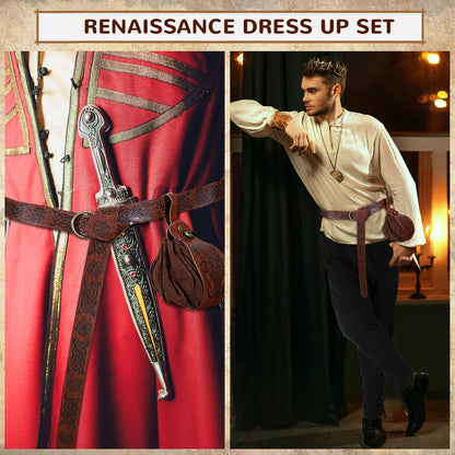 Xtinmee 4 Pcs Halloween Medieval Viking Costume Include Lace up Long Sleeve Shirts Cuff Renaissance Pants Leather Belt Pouch Beige, Brown, Coffee Large