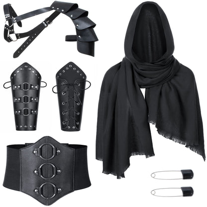 Medieval Knight PU Leather Corset Belt Shawl Men Renaissance Half Shoulder Cape Scarf Buckle Bracers Retro Accessories One Size Type1