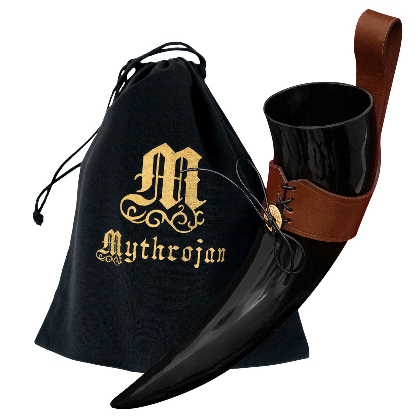 Mythrojan Viking Drinking Horn Black Medieval Beer Drinking Horn Authentic Drinking Horn with Strap Norse Beer Horn Small Drinking Horn Mug Viking Ale Horn Cup 250 ml Viking Drink Horn Replica 8oz 250 ML (Black Strap)