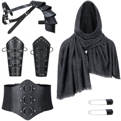 Medieval Knight PU Leather Corset Belt Shawl Men Renaissance Half Shoulder Cape Scarf Buckle Bracers Retro Accessories One Size Type1