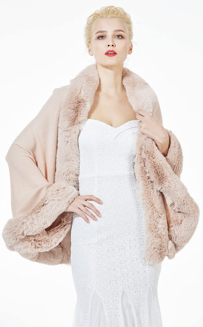 Faux Fur Shawl Wrap Stole Capelet Bridal Winter Wedding with Hook Hooded-black