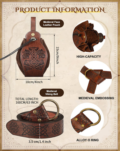 2 Pcs Medieval Viking Belt Leather Belt Pouch Renaissance Leather Belt Medieval Bag Renaissance Accessories Brown Fancy