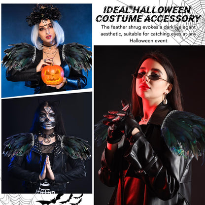 Ramede 4 Pcs Feather Epaulet Shrug Shoulder Strap Feather Cape for Bride Wedding Valentine's Day Angel Costumes Party Gift Black Feather With Beads