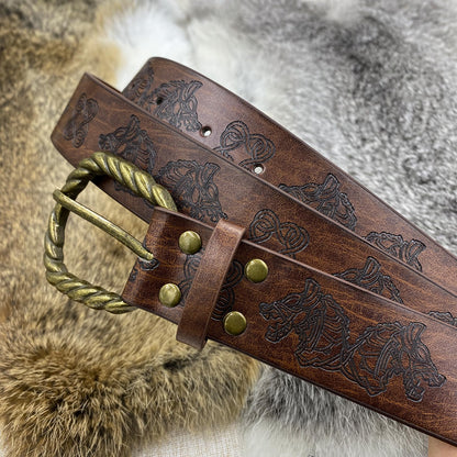 Medieval Viking Embossed O Ring Belt with Nordic Embossed Belt Bag