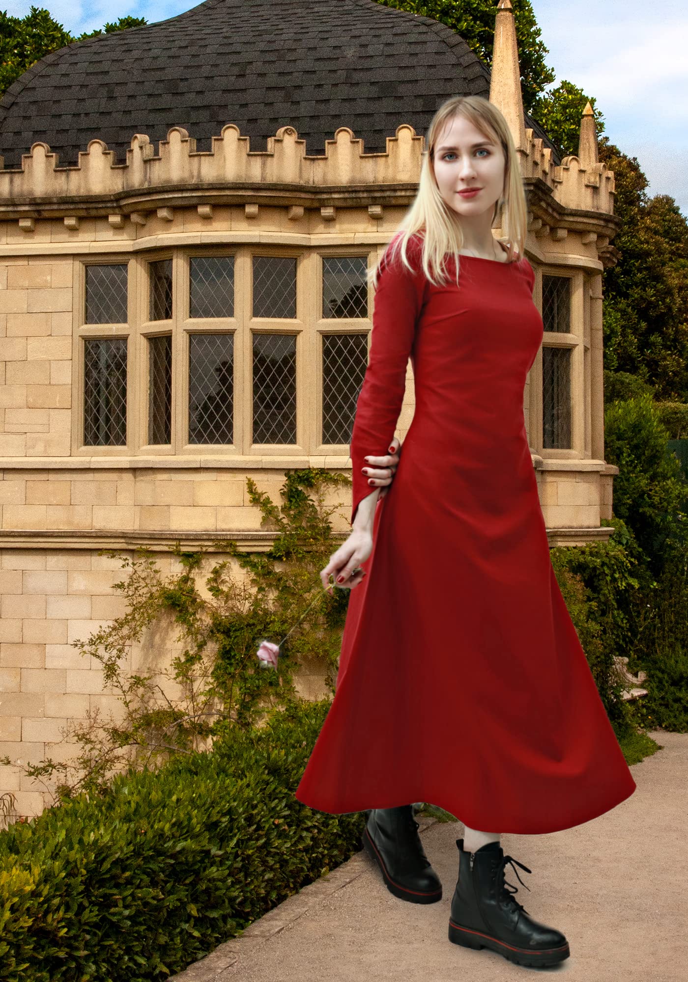 Wine Medieval Linen Dress for Women with Lace Up Costume