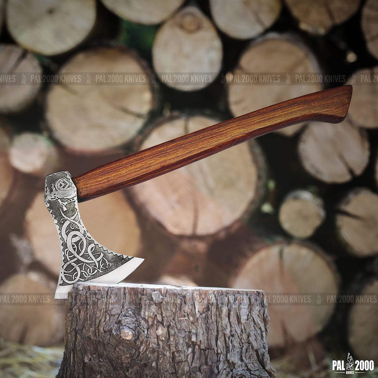 Knotwork Etched Throwing Axe with Wood Handle