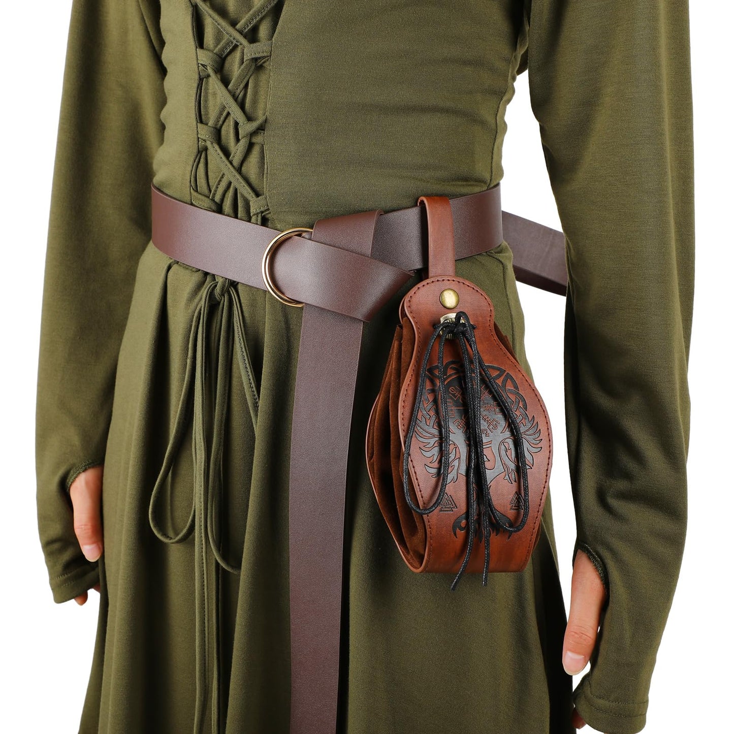 Toulite Women Halloween Renaissance Costume Hooded Dress Viking Belt Medieval Leather Drawstring Pouch Steampunk Belt (Army Green,X-Large) X-Large Army Green