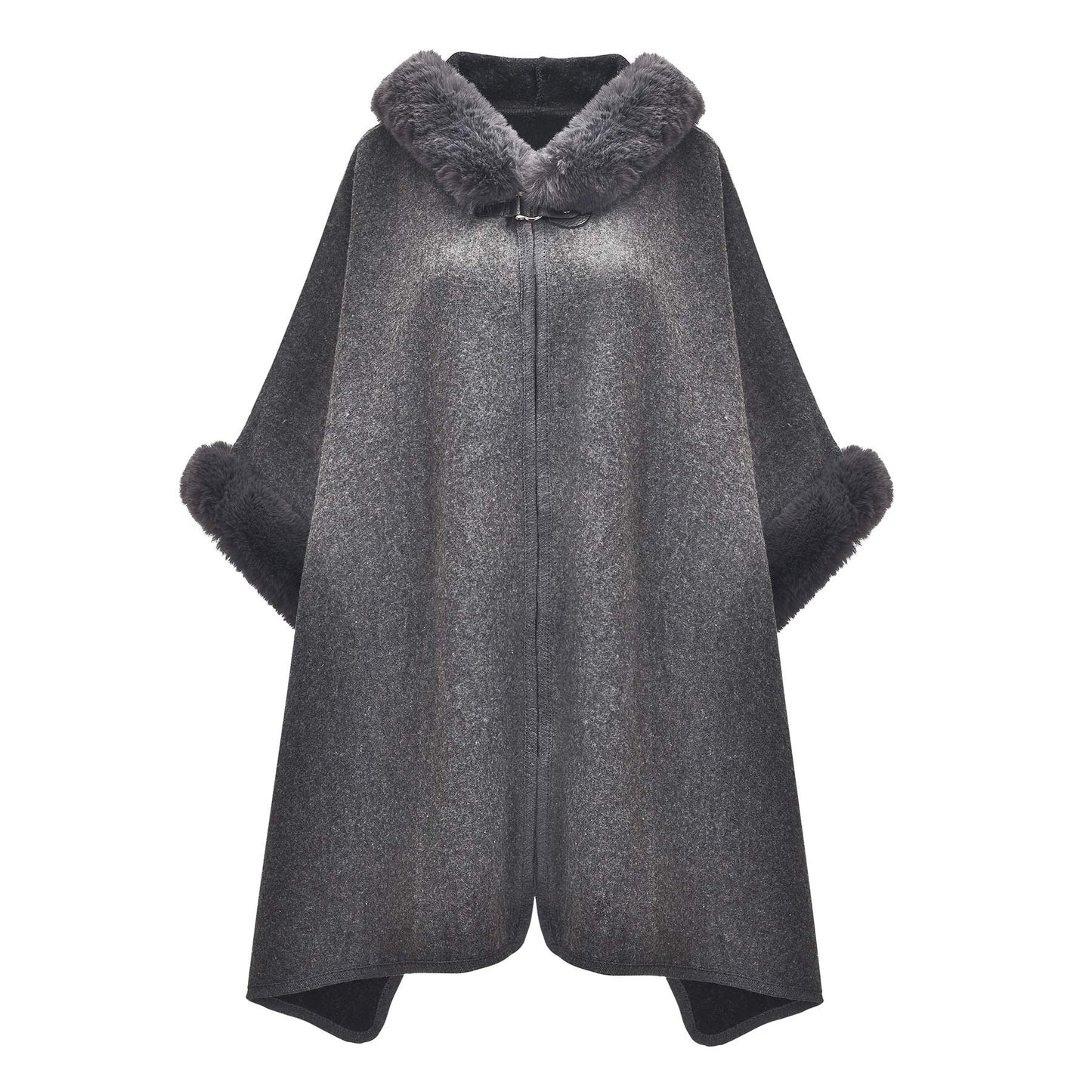 Women Winter Fashion Faux Fur Trim Layers Hooded Cardigan Warm Cape Sweater Cloak Navy