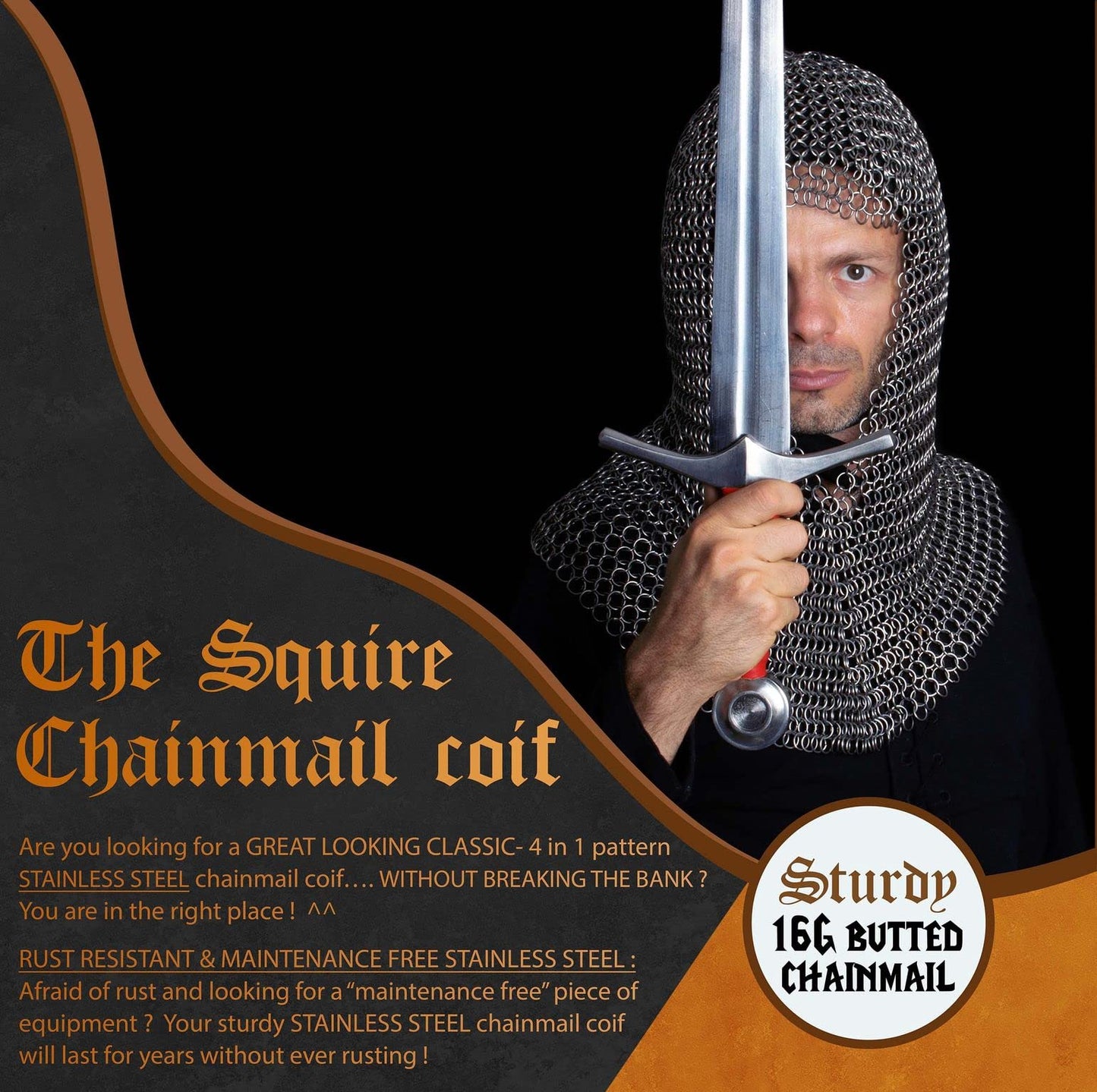 Silver-Wash Chain Mail Coif 16 Gauge