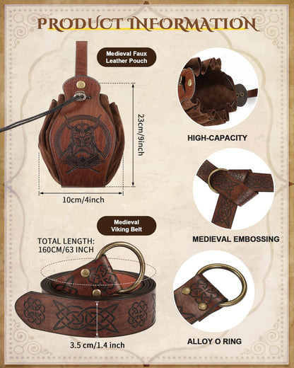 2 Pcs Medieval Viking Belt Leather Belt Pouch Renaissance Leather Belt Medieval Bag Renaissance Accessories Brown Fancy