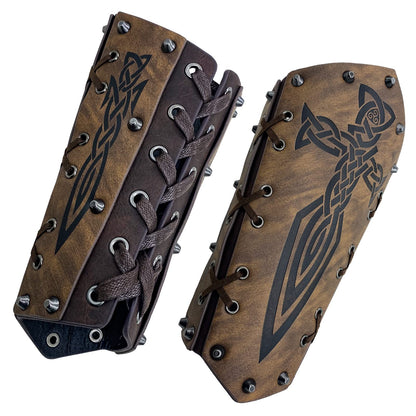 HiiFeuer Medieval Embossed Arm Bracers, Retro Faux Leather Knight Arm Gauntlets, Vintage Renaissance Arm Guards Brown C