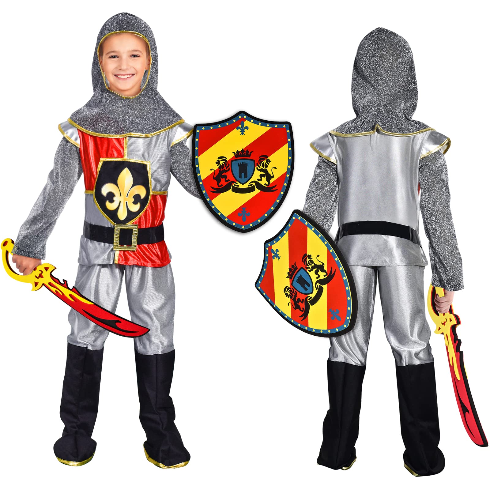 Latocos Knight Costume for Boys Medieval Dress Up Halloween Costumes Role Play Set Accessories Sword Cape Shield for Kids