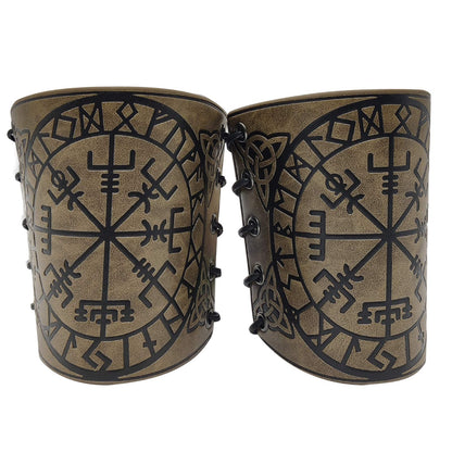 HiiFeuer Viking Vegvisir Embossed Leather Arm Armor 3 Colors LARP Gauntlet Leather Armor Bracer Brown