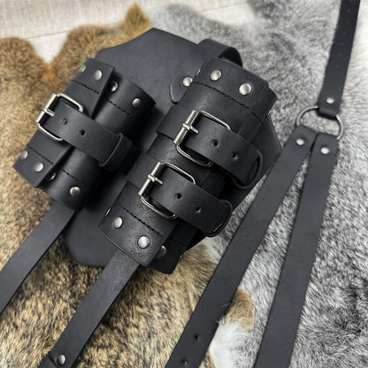 HiiFeuer Medieval Faux Leather Double Back Sword Frog, Mercenary Adjustable Sword Holster, Middle Ages Back Sword Holster Brown a