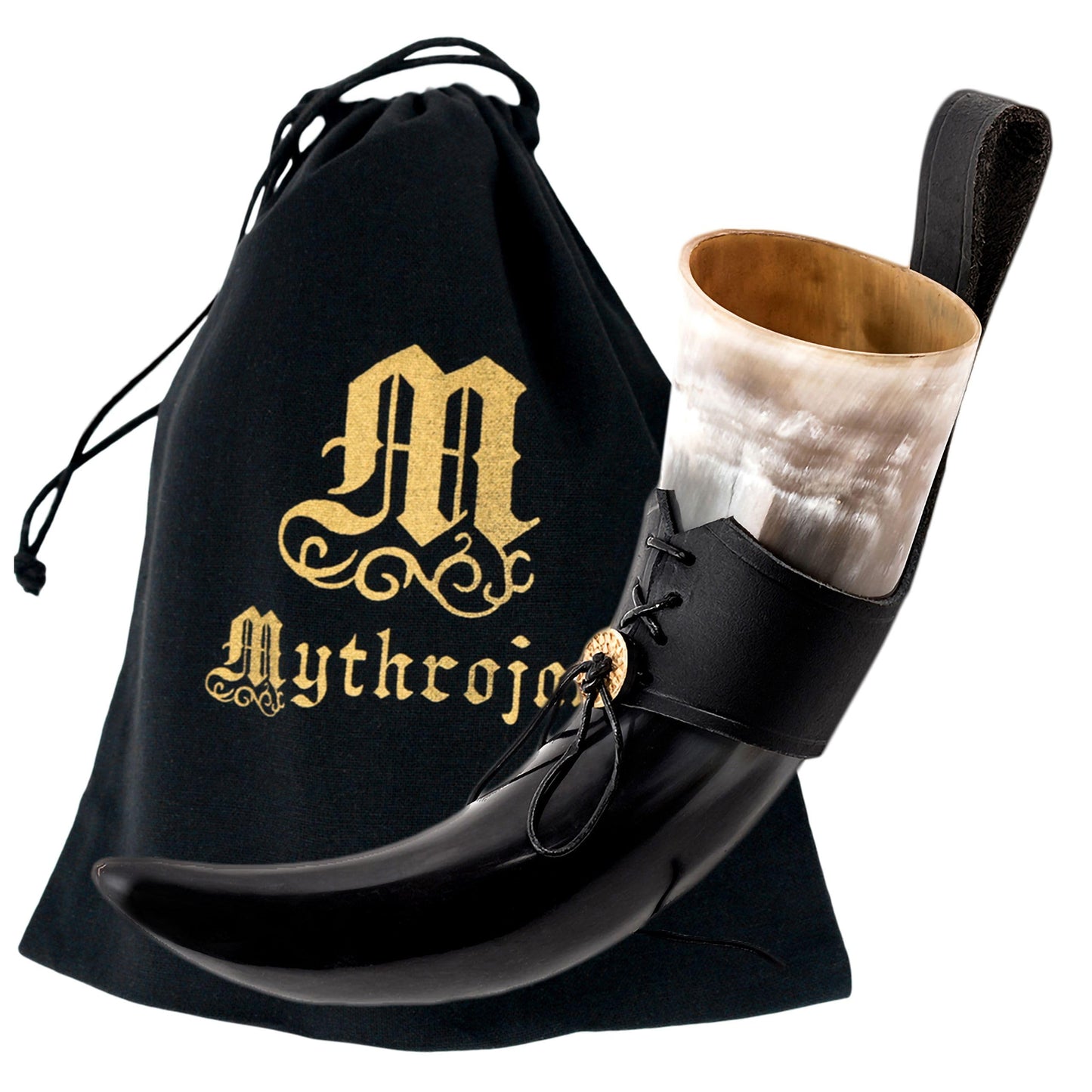 Mythrojan Viking Drinking Horn Black Medieval Beer Drinking Horn Authentic Drinking Horn with Strap Norse Beer Horn Small Drinking Horn Mug Viking Ale Horn Cup 250 ml Viking Drink Horn Replica 8oz 250 ML (Black Strap)