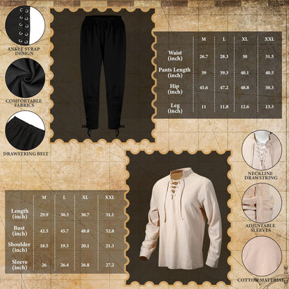 Xtinmee 4 Pcs Halloween Medieval Viking Costume Include Lace up Long Sleeve Shirts Cuff Renaissance Pants Leather Belt Pouch Beige, Brown, Coffee Large