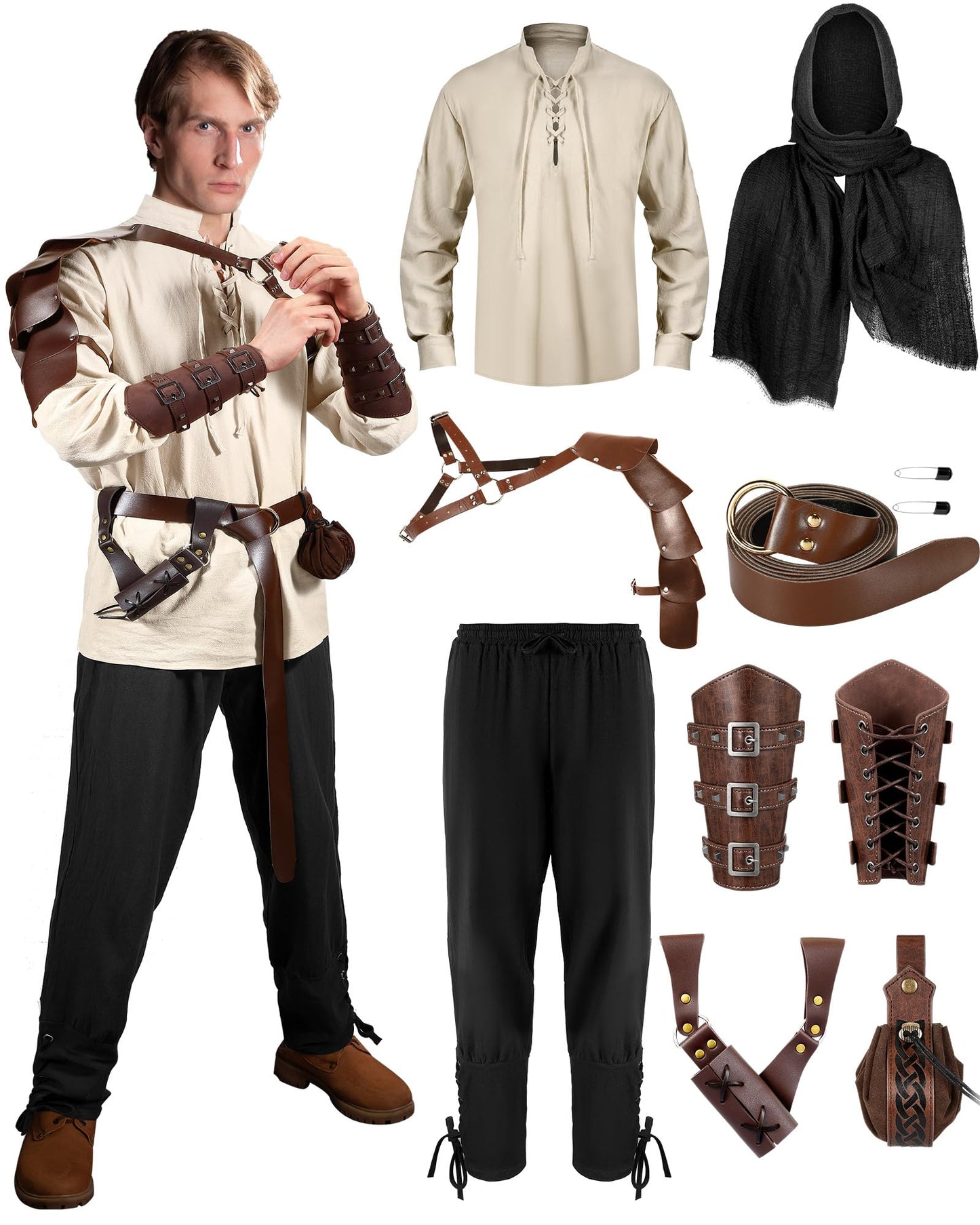 Men's Renaissance Costume Set Shirt Pants 8 Pcs