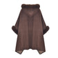 Women Winter Fashion Faux Fur Trim Layers Hooded Cardigan Warm Cape Sweater Cloak Navy